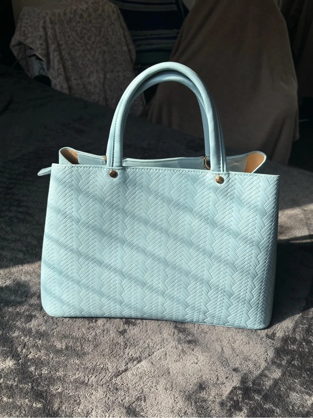 Elegant Light Blue Woven-Texture Satchel with Removable Strap